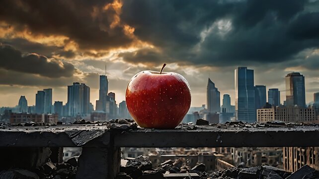 Ultra high resolution 8K image of a single perfectly ripe, vibrant red apple with glossy, flawless skin and natural reflection, positioned prominently in the foreground. The background features a dest