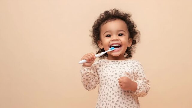 Smiling African American Toddler Brushing Teeth with Toothbrush