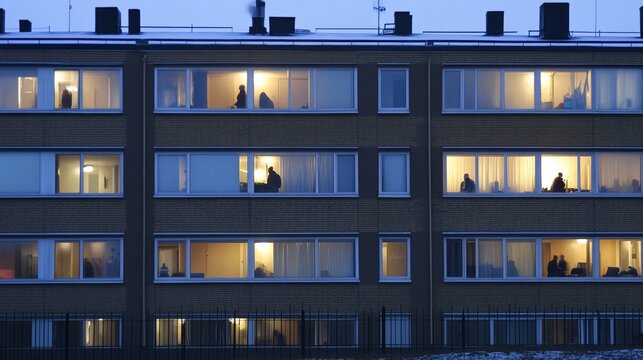 Evening silhouettes in lit apartment building with residents visible through windows