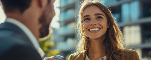 Realtor handing keys of an apartment to a new tenant after the lease agreement is signed, Generative AI