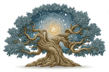 Ancient Blue and Brown Detailed Tree Illustration with Glowing Center