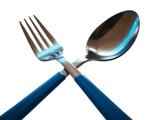 Crossed Spoon and Fork with Blue Handles on Transparent Background