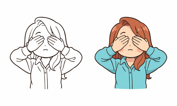 woman closes her eyes with her hands coloring page for kids