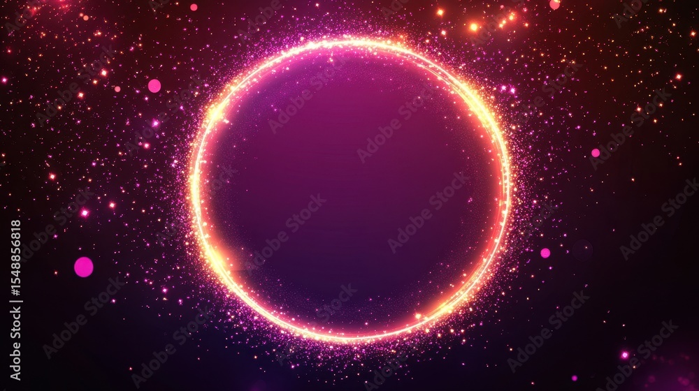 Poster modern neon circle frame with sparkling stars: a round abstract background illuminated with glowing 