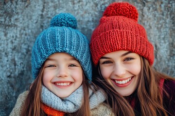 Hipster Kid Joyfully Smiling with Fashionable Mom in Trendy Caps - Cute Family Moment Captured