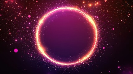 Modern Neon Circle Frame with Sparkling Stars: A Round Abstract Background Illuminated with Glowing Lights