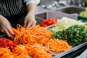 Asian housewife preparing salad ingredients for dinner by slicing carrots in the kitchen, Generative AI