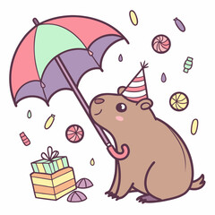 Charming SVG of a Content Capybara featuring under an umbrella, styled in a Birthday theme with Candy Shop hues
