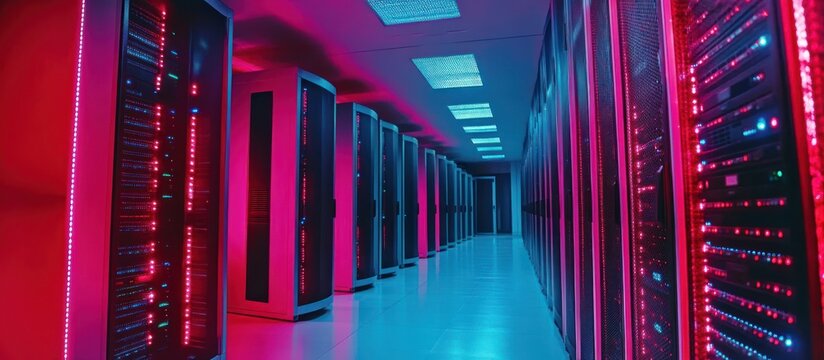 Futuristic server room illuminated with vibrant pink and cyan hues showcasing data storage technology