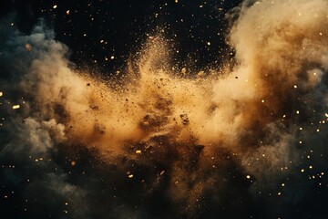 Abstract Black Background with Golden Powder Blast Creating a Dynamic Explosion Cloud