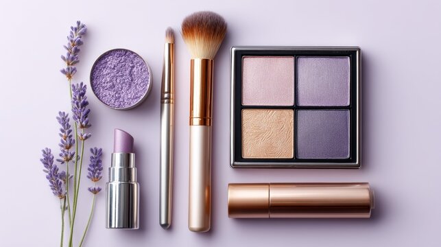 Lavender-themed makeup set with brushes and cosmetic products on light purple background
