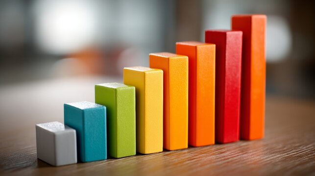 Colorful wooden bar graph displaying growth and progress on wooden surface