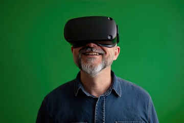 A smiling man with a beard uses a VR headset against a green backdrop.  He appears happy and engaged in the virtual experience