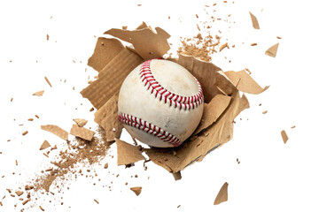 Baseball breaking through cardboard box isolated on transparent background