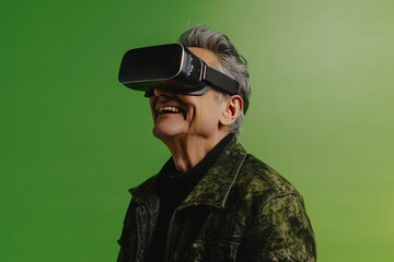 A smiling senior man enjoys an immersive virtual reality experience, his face tilted upwards in joyful engagement with the headset
