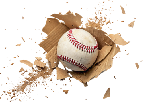 Baseball breaking through cardboard box isolated on transparent background - Powered by Adobe