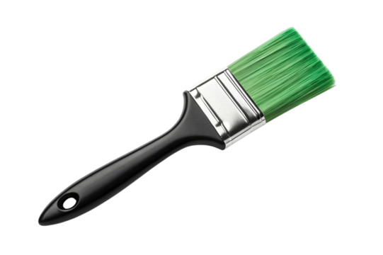 Green paint brush with black handle isolated on transparent background