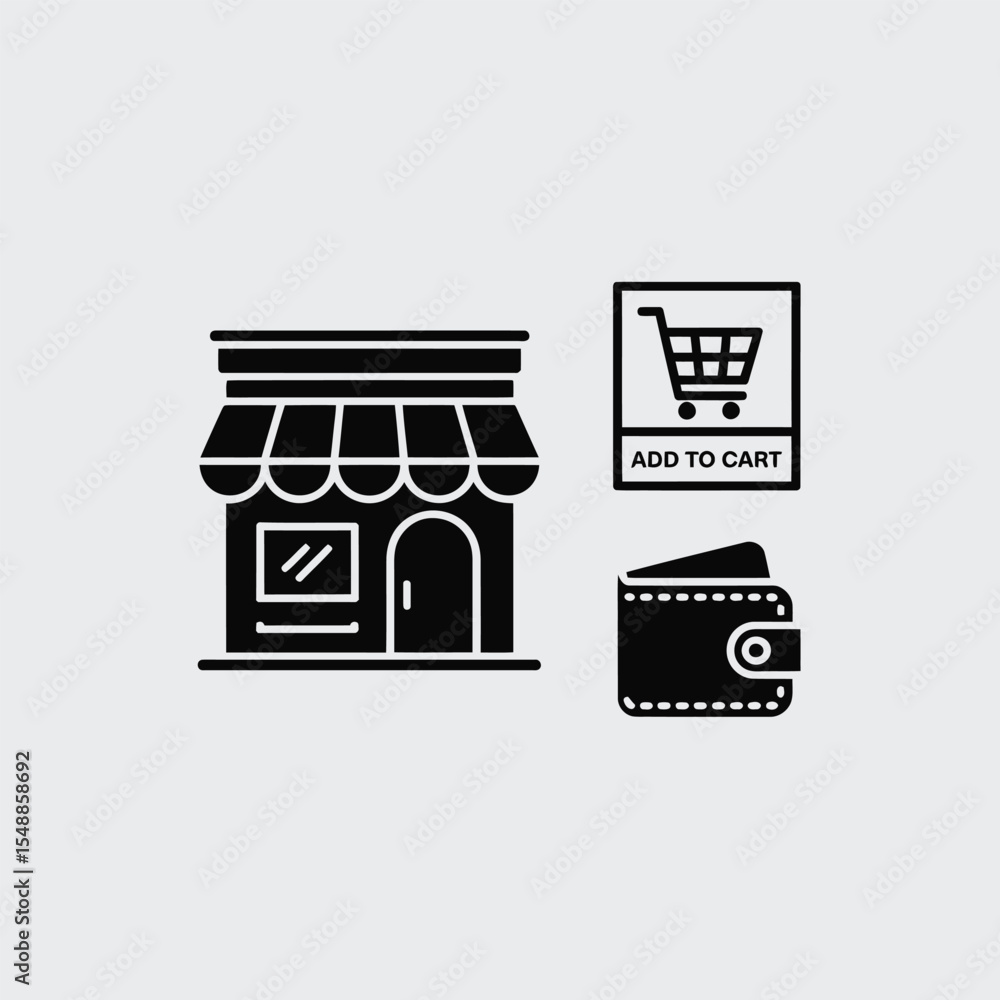 Poster black and white icon set depicting online shopping a small shop building add to cart button and a wa
