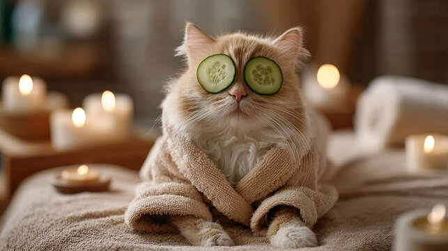 Relaxed cat enjoying spa day with cucumber slices and candlelight ambiance