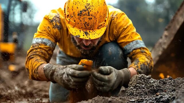 Close-up of a person working in mud with protective gear.