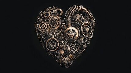 Fototapeta premium Intricate heart of gears, pipes, & mechanical parts, bronze & silver tones on black