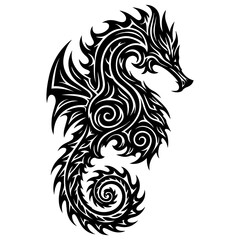Tribal Seahorse Tattoo Design in Black Ink - Vector Illustration

A bold tribal-style seahorse tattoo design rendered in black ink, featuring swirling lines, sharp spikes, and fantasy-inspired pattern