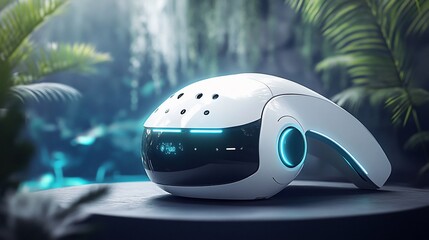 Sleek white, rounded device with blue accents, resting against a lush, tropical foliage backdrop
