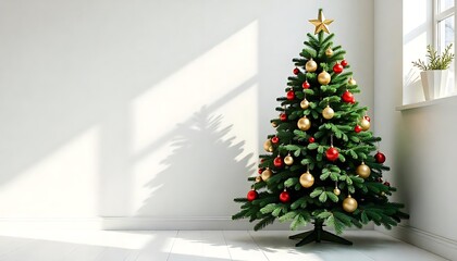 Festive Christmas Tree Decorated with Red and Gold Ornaments in a Bright Room