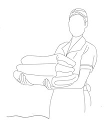 maid carrying towel.line art drawing of housemaid woman carrying stack of clean towels.