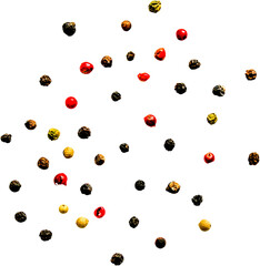 A scatter of various peppercorns on a white background, showcasing their diversity in color and texture.
