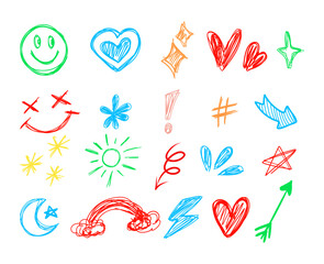 Collection of colorful hand drawn doodle icons
