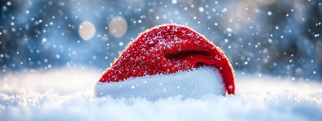 Santa hat nestled in snow, bokeh background, snowfall