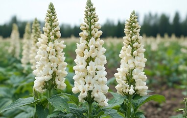 Field of blooming white foxgloves reaching skyward, their delicate blossoms clustered tightly on tall stalks