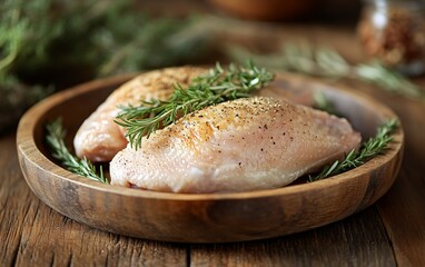 Raw chicken breasts with rosemary in wooden bowl on wood table