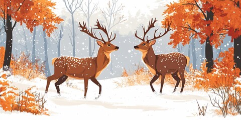Two stags in a snowy forest with orange trees