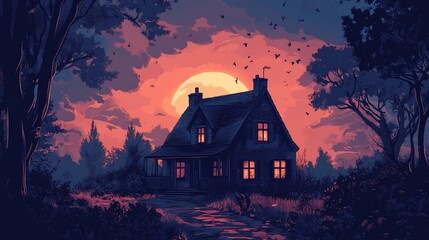 Cozy house at dusk. Golden light shines from windows, path leads in, silhouetted trees frame the scene