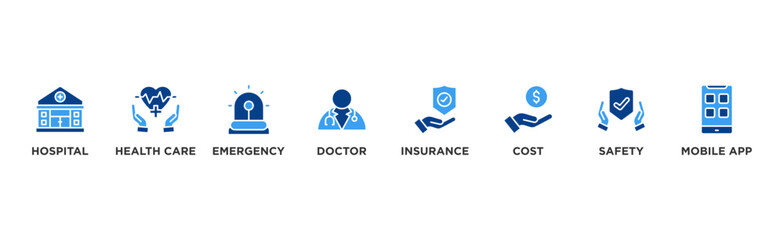 Medical care banner web icon vector illustration concept with icon of hospital, health care, emergency, doctor, insurance, cost, safety, mobile app