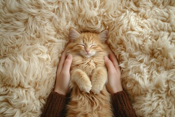 Adorable Ginger Kitten Nestled in Warm Embrace: A Cozy Morning Scene at Home