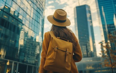 Woman in hat, backpack views tall glass buildings, urban autumn scene with city skyline