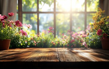 Bright window view of garden flowers on a wooden table, sunbeams
