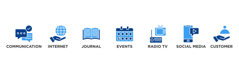 Public relations - pr banner web icon vector illustration concept with icon of communication, internet, journal, events, radio, tv, social media, and customer