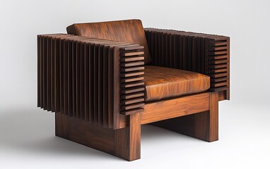 Wood armchair with slatted sides, stained dark brown, on a white background