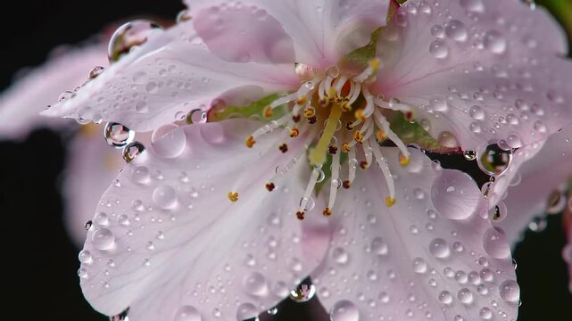 DewKissed Cherry Blossom Macro View of Delicate Petals and Water Droplets on a Dark Background