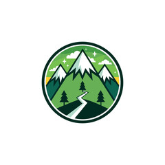 Mountain peak summit logo design. Outdoor hiking adventure icon set. Alpine wilderness travel symbol. Vector illustration.