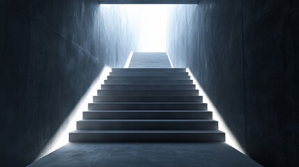Concrete stairway ascends to bright light at the end of a dark tunnel, suggestive of progress