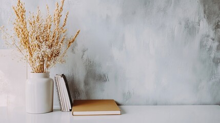 Minimal workspace with dried floral arrangement and stacked notebooks against a textured backdrop