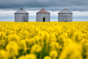 Three grain silos in vast yellow canola field under overcast sky