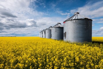 Grain silos in blooming yellow canola field under cloudy sky