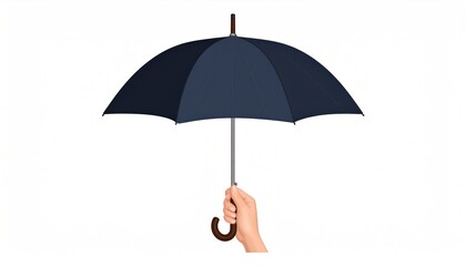 Elegant navy blue umbrella against inclement weather conditions with hand