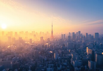 Fototapeta premium City skyline at sunrise, hazy